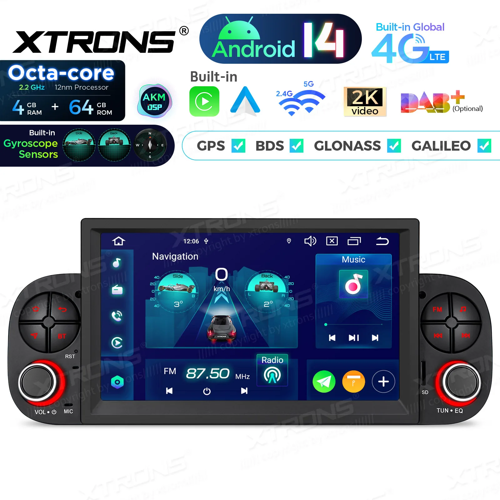 XTRONS 7-дюймовый восьмиядерный 4 + 64 ГБ Android 14 автомобильный мультимедийный плеер для Fiat Panda MK3 Type 319 встроенный 4GLTE AKM DSP CarPlay AA RCA