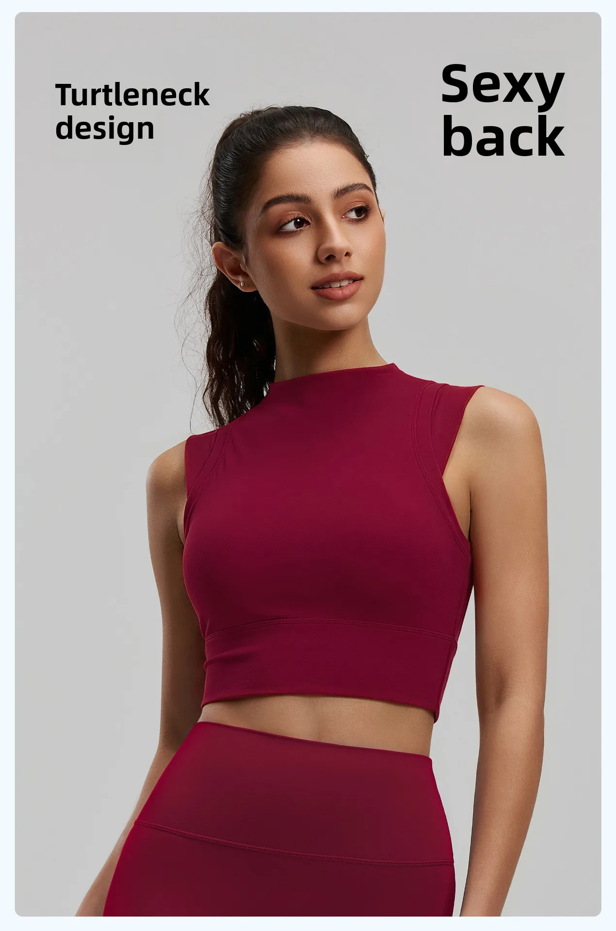 Damen-Yoga-Tanktop, hochelastisch, sportlicher BH mit leicht hohem Ausschnitt und integrierten Cups, hebt und formt den Busen, sexy Fitness – Detail 5