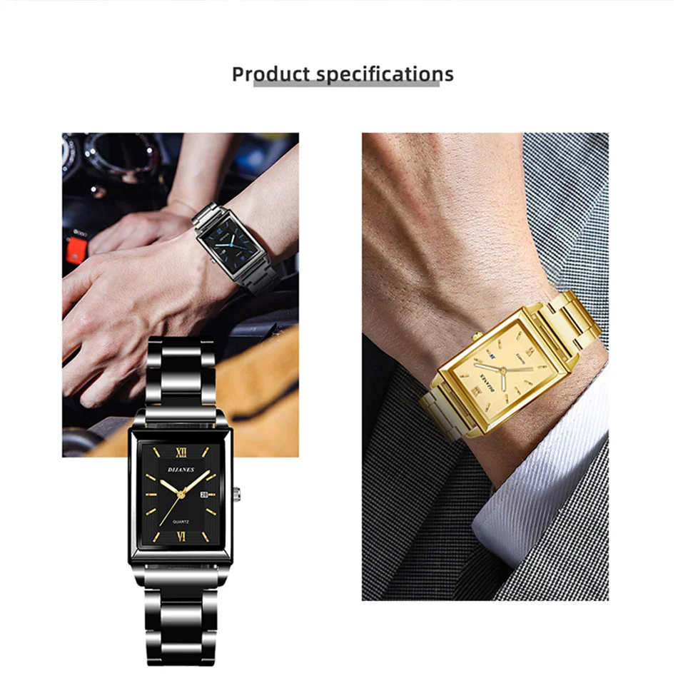 Top Brand Luxury Watch Ｍen Fashion Square Gold Sliver Men\'s Quartz Wristwatch Stainless Steel Strap Exquisit Business Men Watch