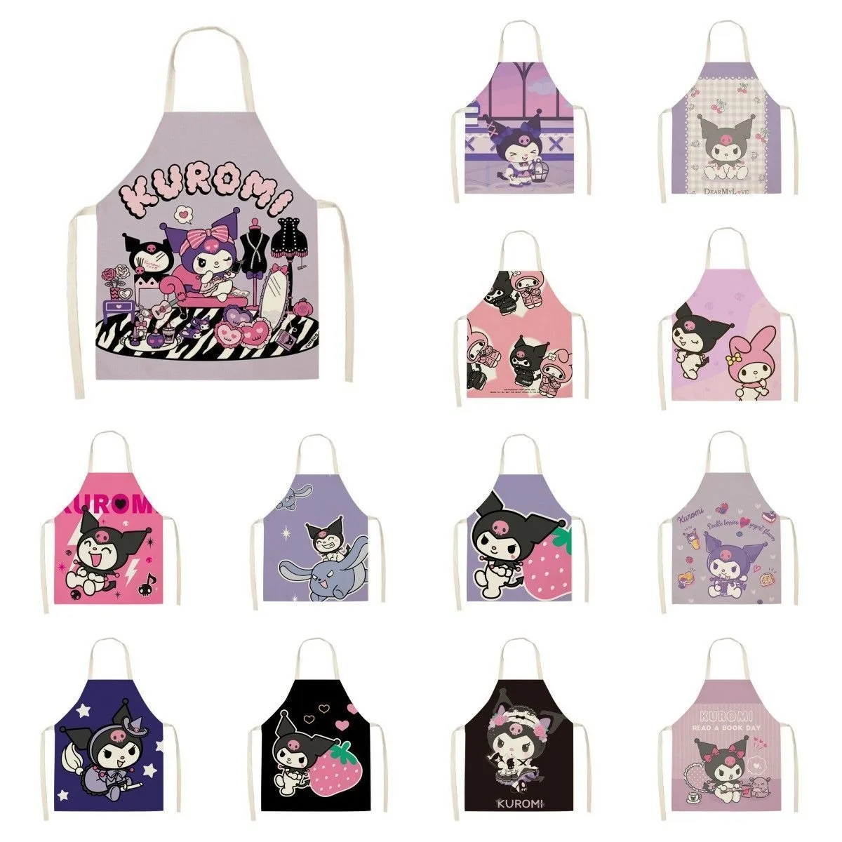 Kawaii Sanrio Kuromi Apron Linen Anti-fouling Sleeveless Children's Apron Kitchen Cooking Baking Household Cleaning Tools