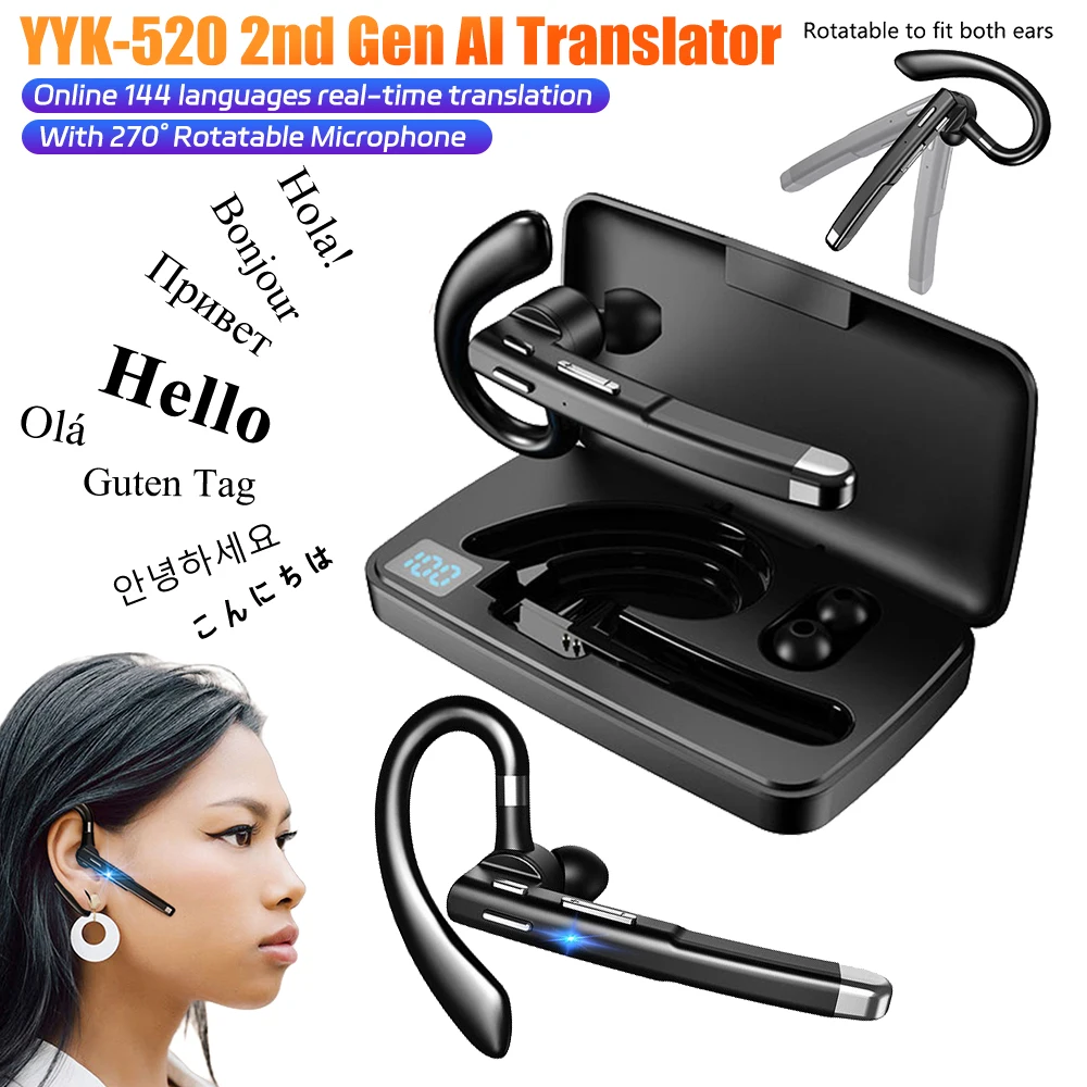 YYK-520 2nd Gen AI Translator BT V5.3 سماعات أذن للترجمة المانعة للضوضاء IPX5 مع 270 °   ميكروفون دوار