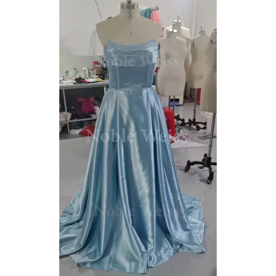 Women's Satin Prom Dresses with Slit A-Line Pockets O-Neck Evening Dresses Pleated Corset Formal Gowns Customize image 6