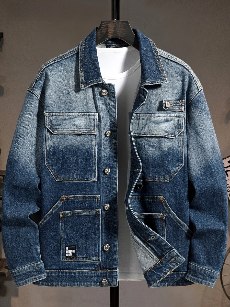 

Мужская джинсовая куртка премиум-класса: модная, универсальная, для активного отдыха, с множеством карманов, в стиле ретро, для мотоциклистов.