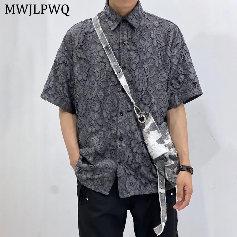 

MWJLPWQ Lace Hollow Out Flower Design Shirt For Men 2025 New Gray Loose Streetwear Casual Short Sleeve Lapel Women Tops 11294