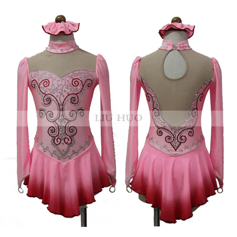LIUHUO Women Girl Ice Figure Skating Dress Performance Rhythmic Gymnastics Competition Leotard Costume Red Gradient Teens Roller