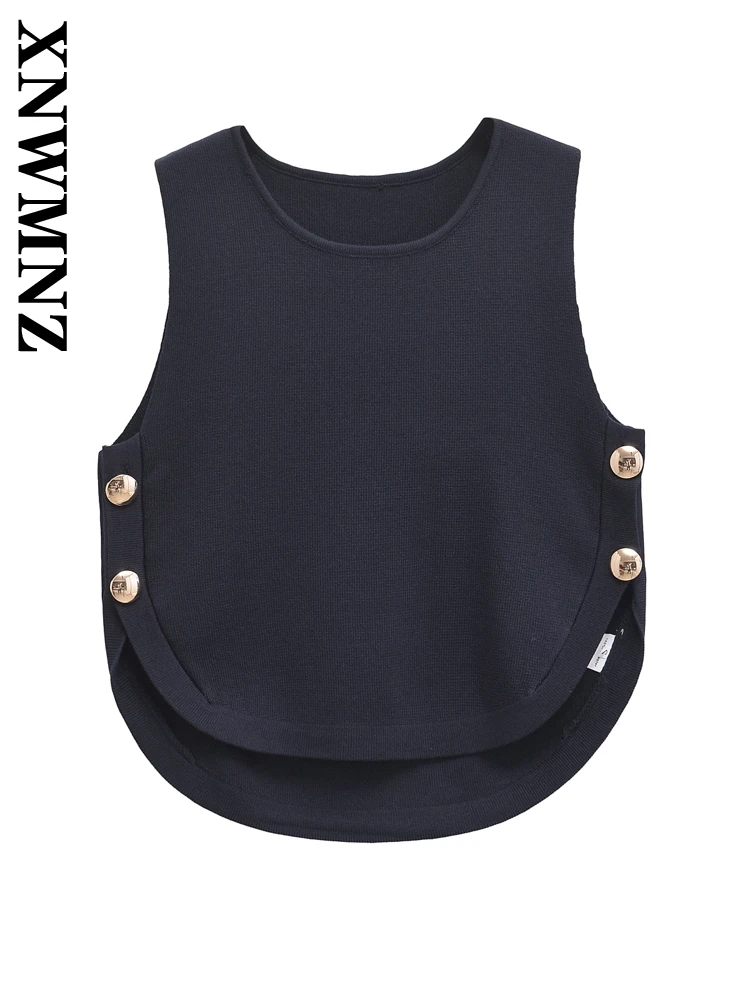 XNWMNZ 2024 Autumn Woman Casual Ruched Solid Color Knit Sweater Vest Female Streetwear Fashion O-Collar Button Sleeveless Gilet