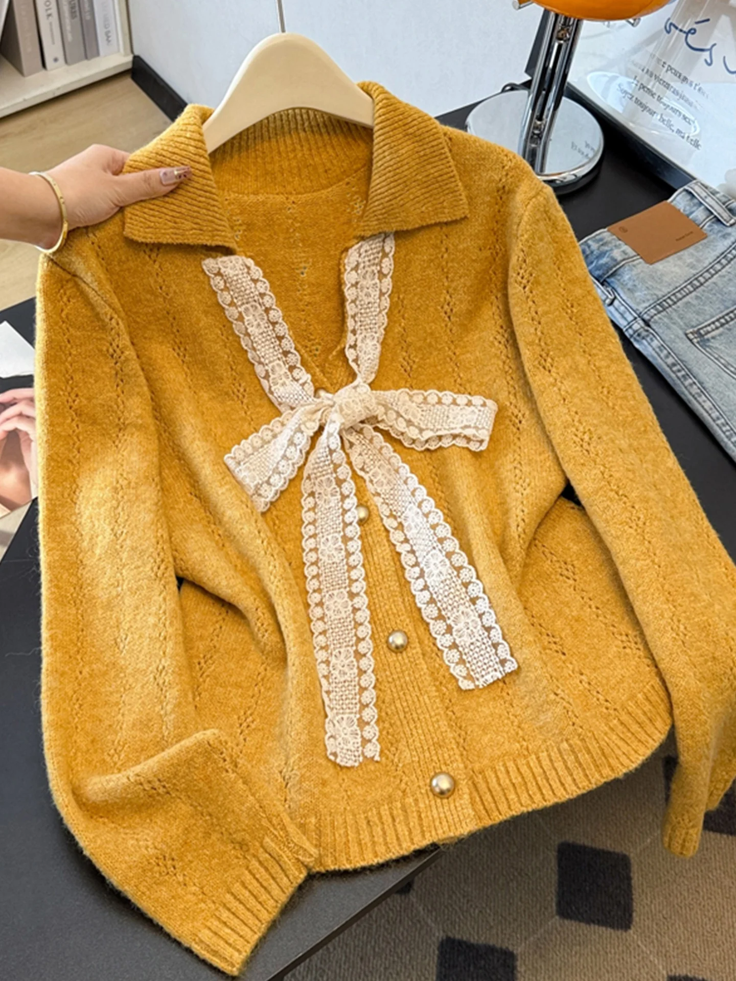 

Ele Knitted Sweater with Bow Design Collar Loose Fit Autumn Winter Women's Faion Slimming plus Size Top