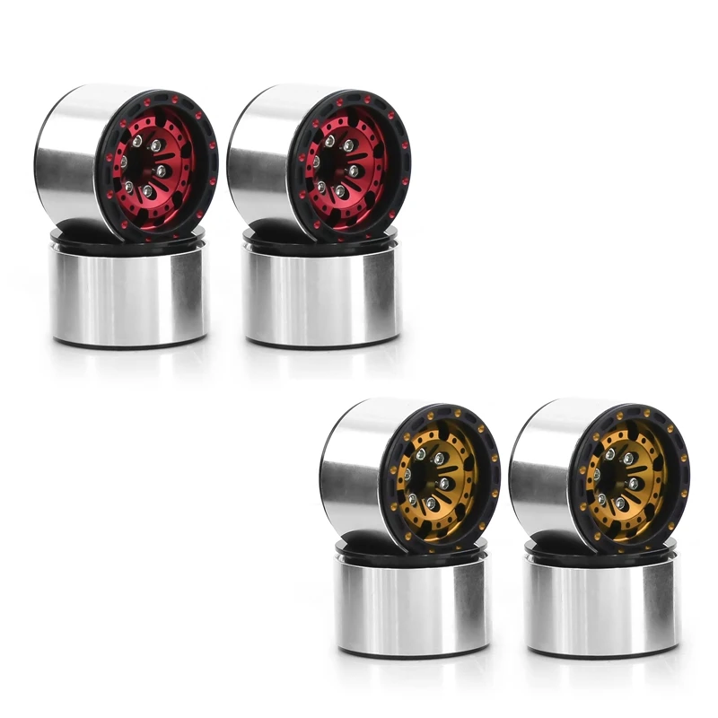 4PCS Aluminum 1.0 Beadlock Wheel Rims Replacement Parts For 1/18 RC Crawler Car Axial SCX24 FMS FCX24 TRX4M Red+Black