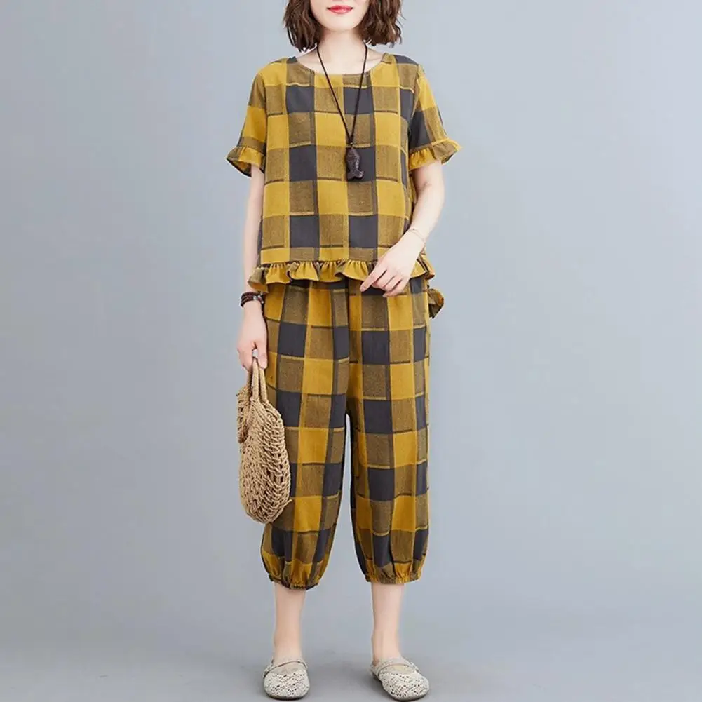 

Women Plaid 2 Piece Set Short Sleeve Casual Tank Top And Baggy Trousers Set Female Loose Loungewear Suit Summer Streetwear