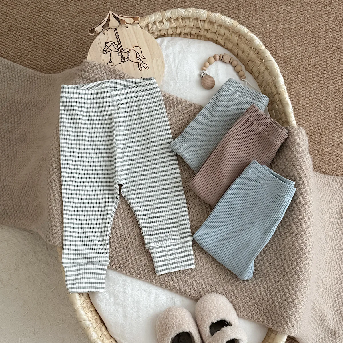 Spring Autumn Unisex Baby Clothes 4‑Pcs Versatile Ribbed Leggings Set, Solid Stripe Elastic Waist Infant Casual Pants
