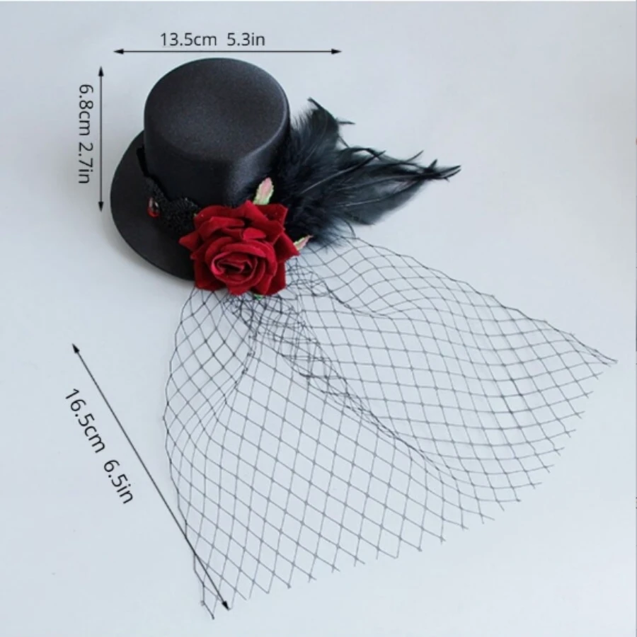 Gothic punk retro red rose feather mesh sexy Comic-Con small top hat show headwear accessories