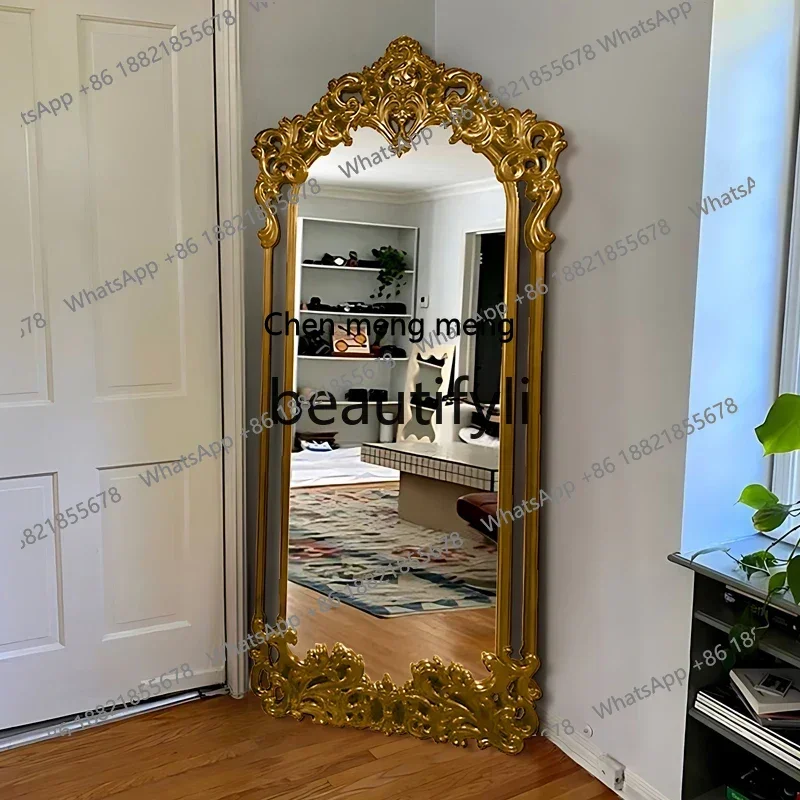 S7486teae フレンチレトロ彫刻ミラー 高級全身鏡 壁掛け式 床置きミラー 寝室用ドレッシングミラー フィッティングミラー