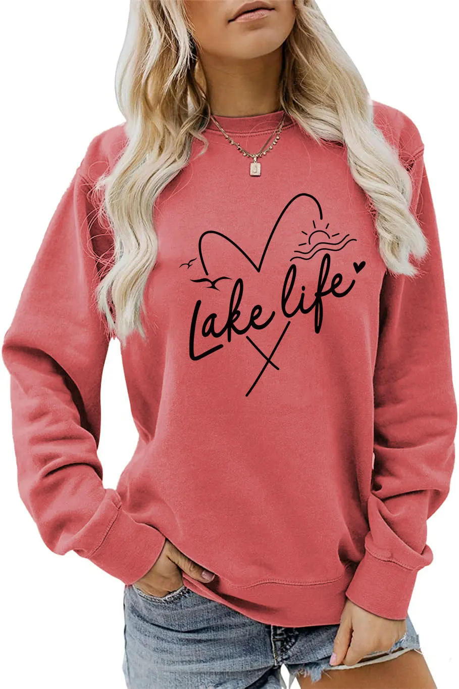 Autumn crew-neck casual T-shirt hoodie LAKE LIFE print new loose long-sleeved top all match women's fashion pullover