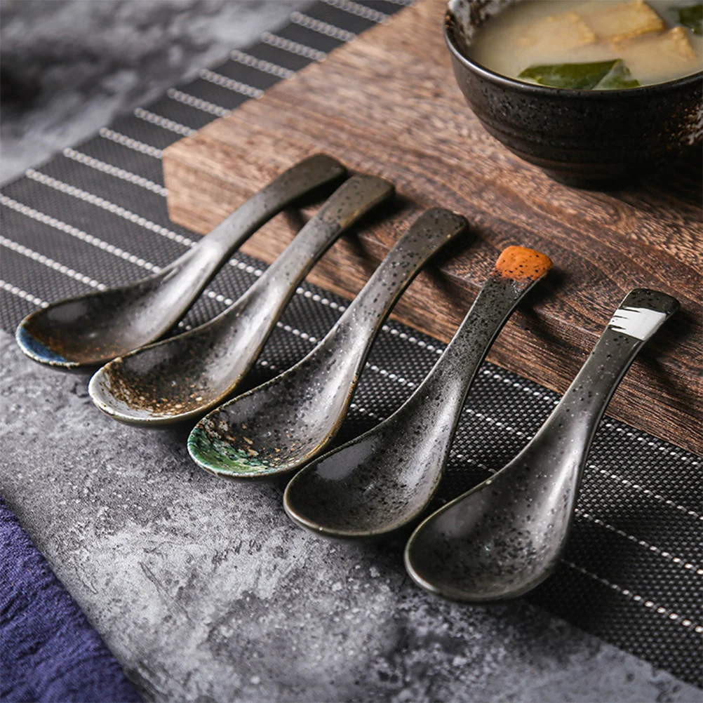 

6Pcs Ceramic Soup Spoons Japanese Style Vintage Porcelain Short Handle Spoons for Porridge Soup Ramen Noodle