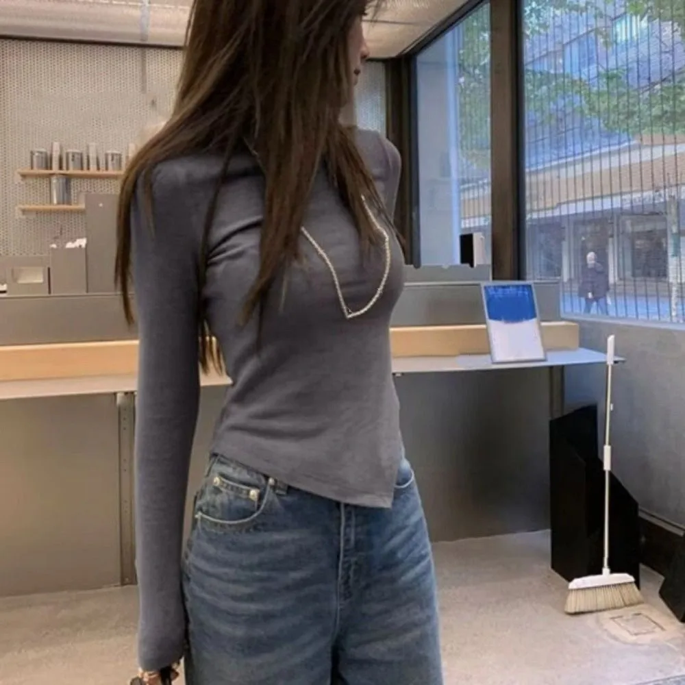 غير النظامية كم طويل تي شيرت نصف الياقة العالية شيك سليم رقيقة البلوز قاع قميص قميص المحاصيل الأعلى المرأة Y2k الربيع