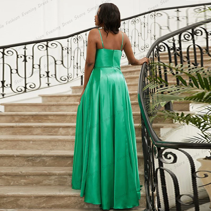 Green Evening Gowns A-Line Satin with Pocket Thin Women Sexy Off Shoulder Side Split 2023 Robe De Soirée Femme Backless Vestidos