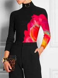 Bohohipei 2024 Latest Casual Basic Tops Women Fashion Contrast Color Printed Spring Autumn Long Sleeve High Neck Skinny T-Shirts