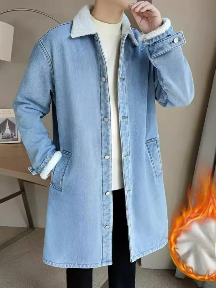 

Denim Sle Men's Long Coat Autumn Winter Faion Thiened Flap Collar Casual Outerwear with Fce Warm And Sli