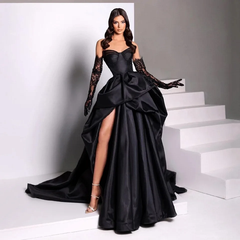 Sexy Black Satin Off Shoulder Prom Dresses Side Slit Puff Dress Evening Gowns Princess Sexy Cocktail Lace Long Sleeves Gloves