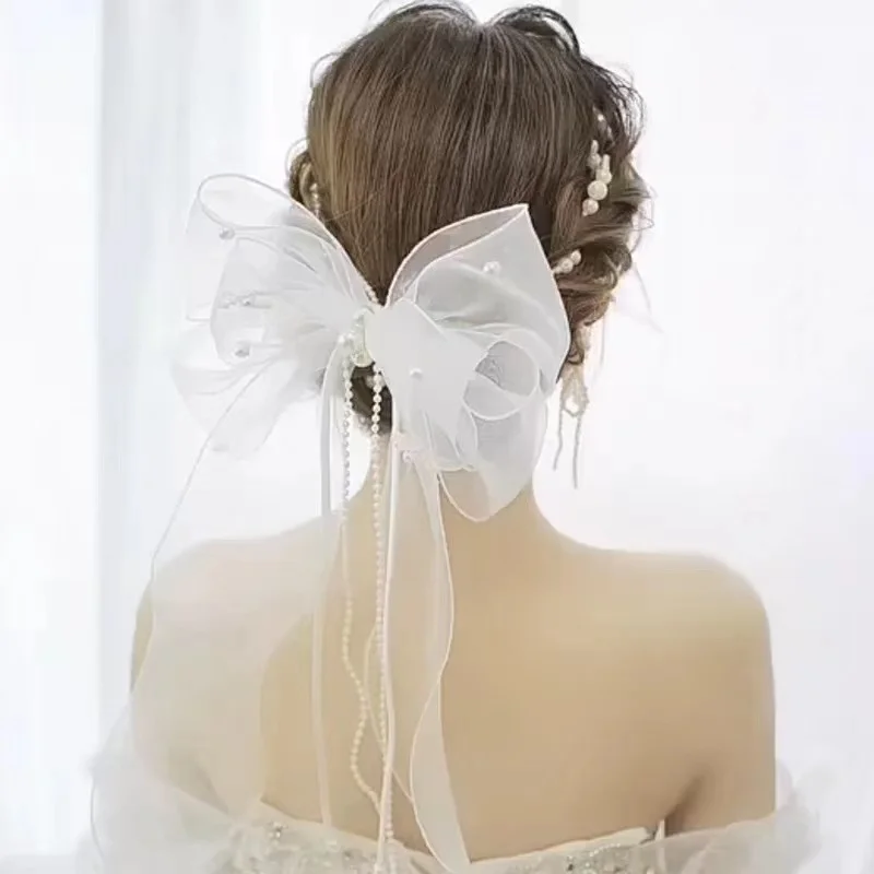 Perle Quaste Bogen Haarnadel Braut Meer Hochzeit Kopfschmuck Seide Garn Handgemachte Schleier Schöne Seite Clip Weiß Mesh Schleier Haarspange