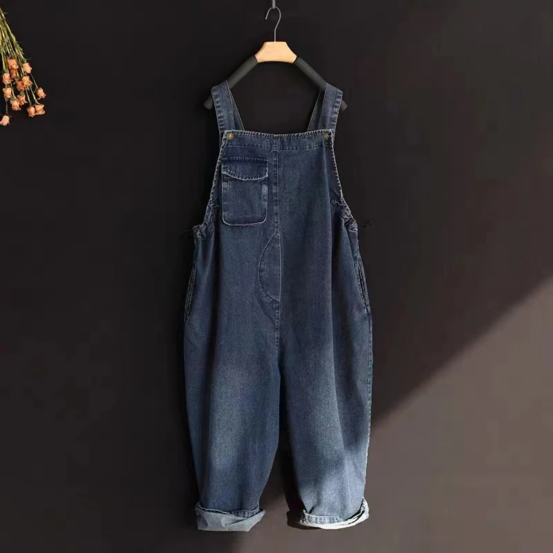 

Casual Loose Denim Overalls Women's Summer Age-Defng High Waist Cotton Pants with kets Versatile Wide Leg Length Nine Po...