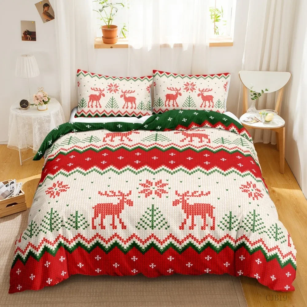 Juego de cama Feliz Navidad, juego de funda nórdica 3D Super King Size, impresión digital, regalo de Año Nuevo, copo de nieve, ciervo, edredón rojo