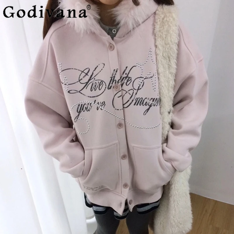 Y2K معطف بياقة من الفرو للنساء جديد الخريف الشتاء الوردي صوف مبطن مقنعين البلوز الإناث اليابانية زر هوديس معطف #1