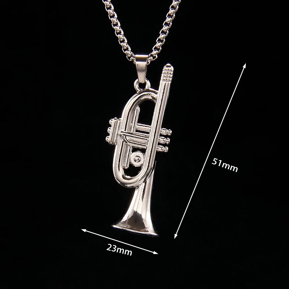 Metal Trumpet Necklace Mens Alloy Silvery Instrument Pendant Necklaces Long Chain Chokers Men\'s Rock Band Jewelry Charms Gifts