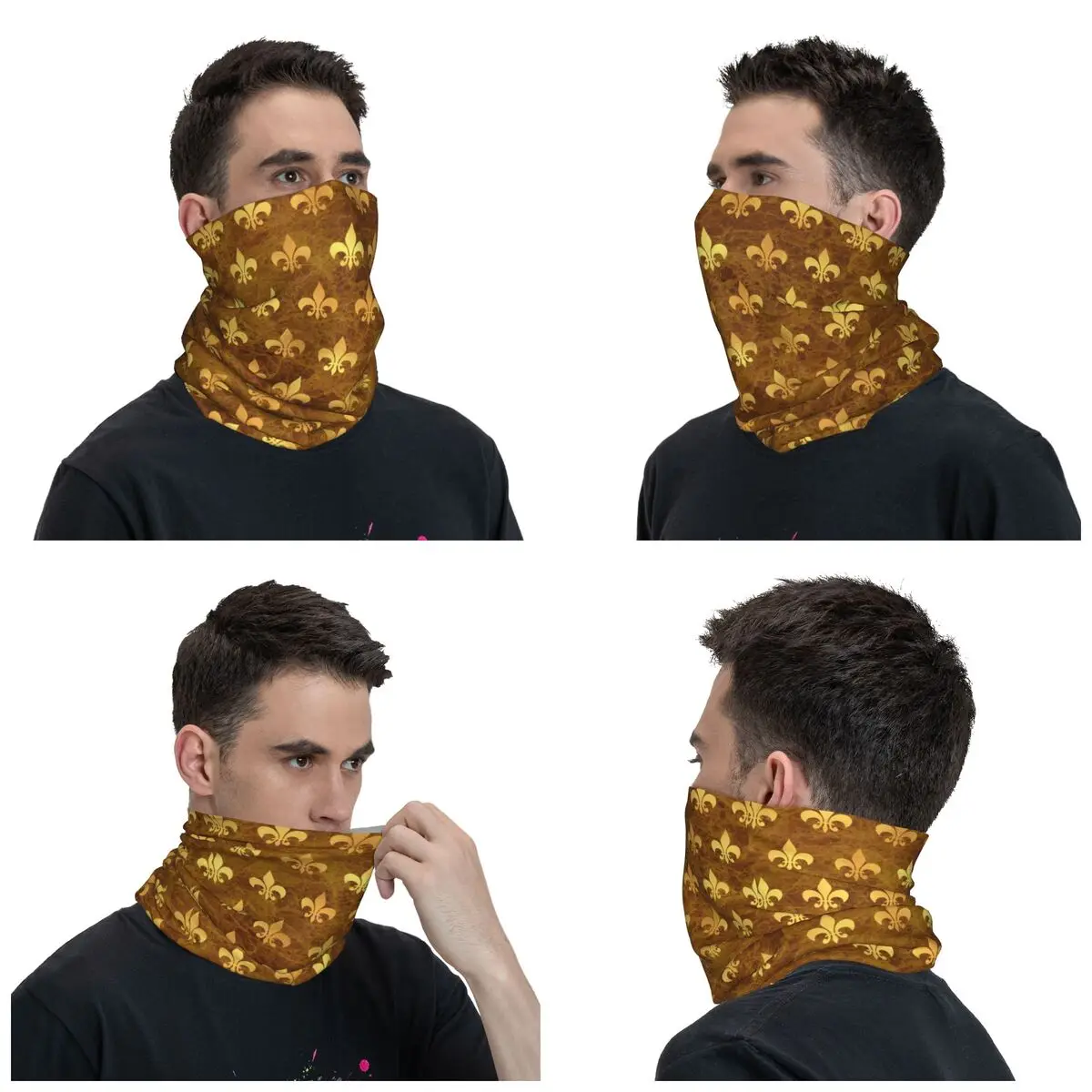 Royal Gold Brown Marble Fleur De Lis Bandana Neck Warmer Men Women Winter Ski Tube Scarf Gaiter Lily Flower Face Cover