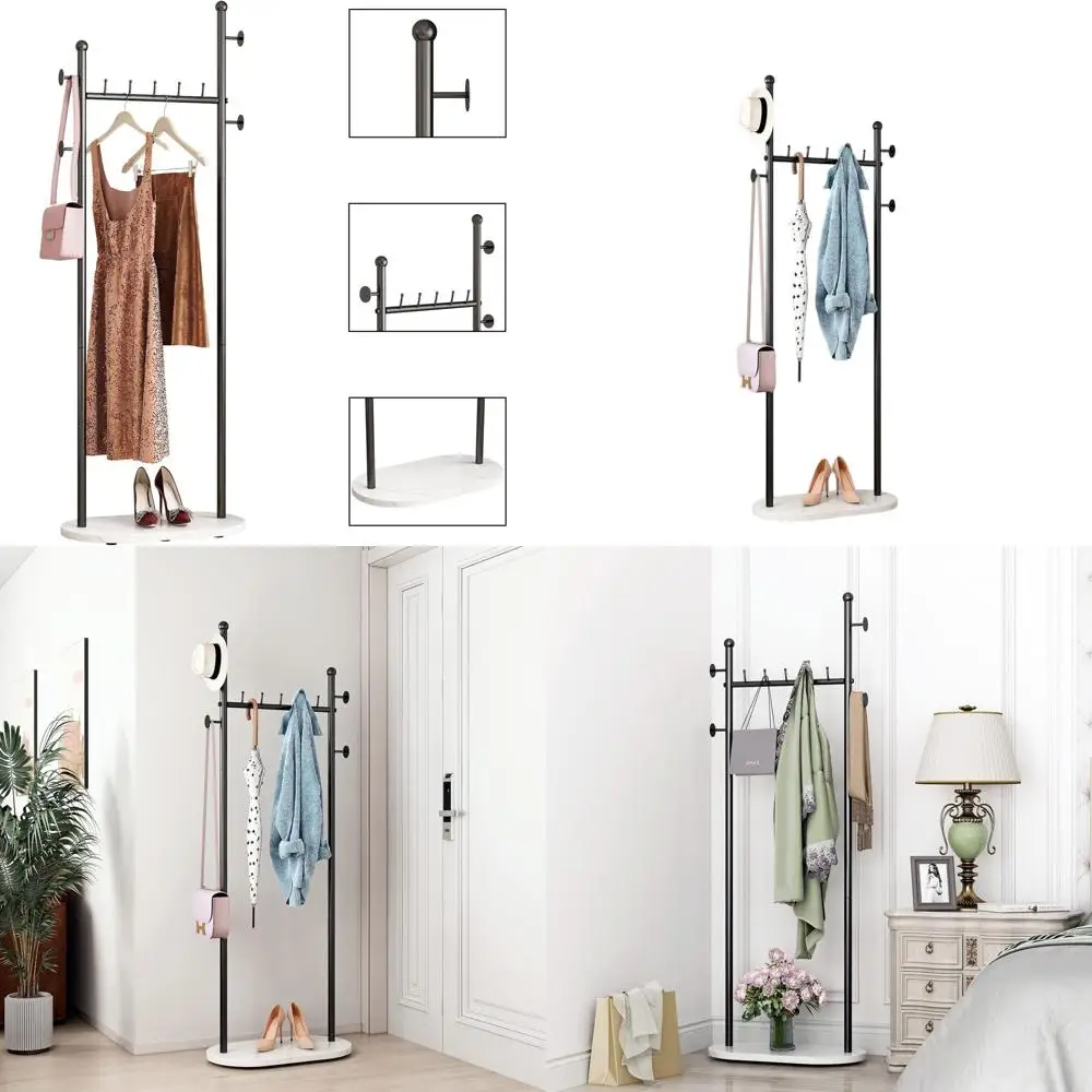 

Stylish Black Coat Rack with Marble Base for Bedroom, Hallway, and Entryway, Featuring Shelves and Heavy-Duty Design
