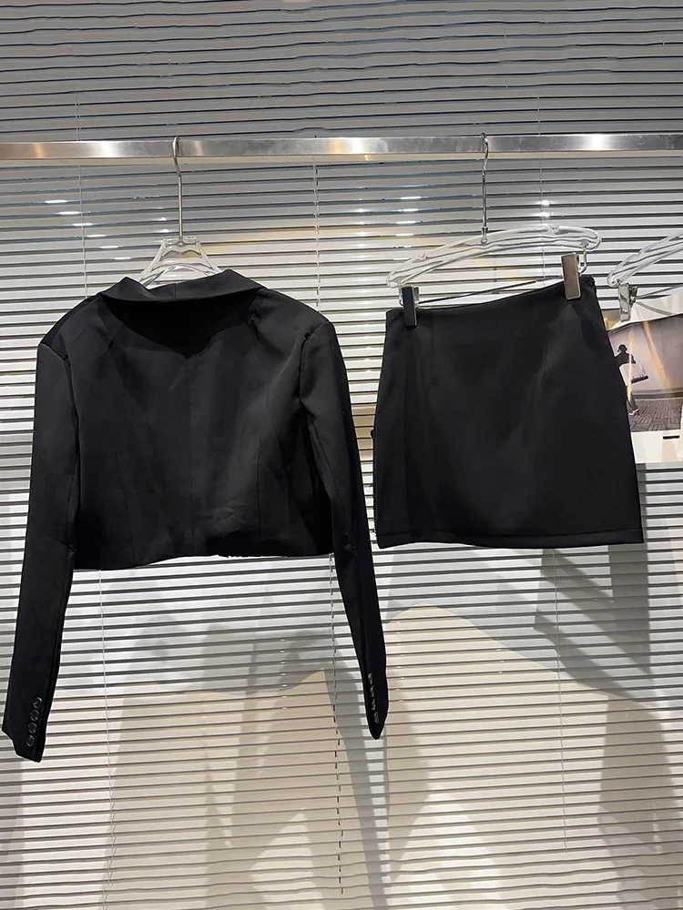 DEAT-traje con hombrera y lazo para mujer, Falda corta de cintura alta con diamantes de imitación, color negro, nueva colocación, primavera, 2024, 1XX4471