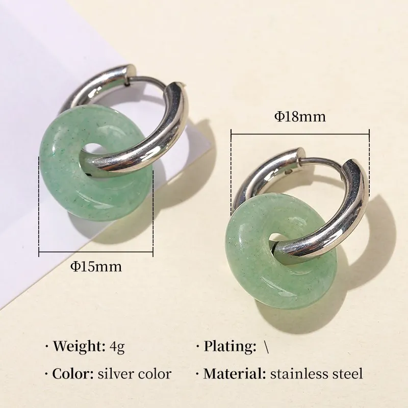 Ladies Natural Stone Drop Earrings Donut Cute Stainless Steel Pink Quartz Malachite Round Drapery Earrings Jewelry Gifts 2025new