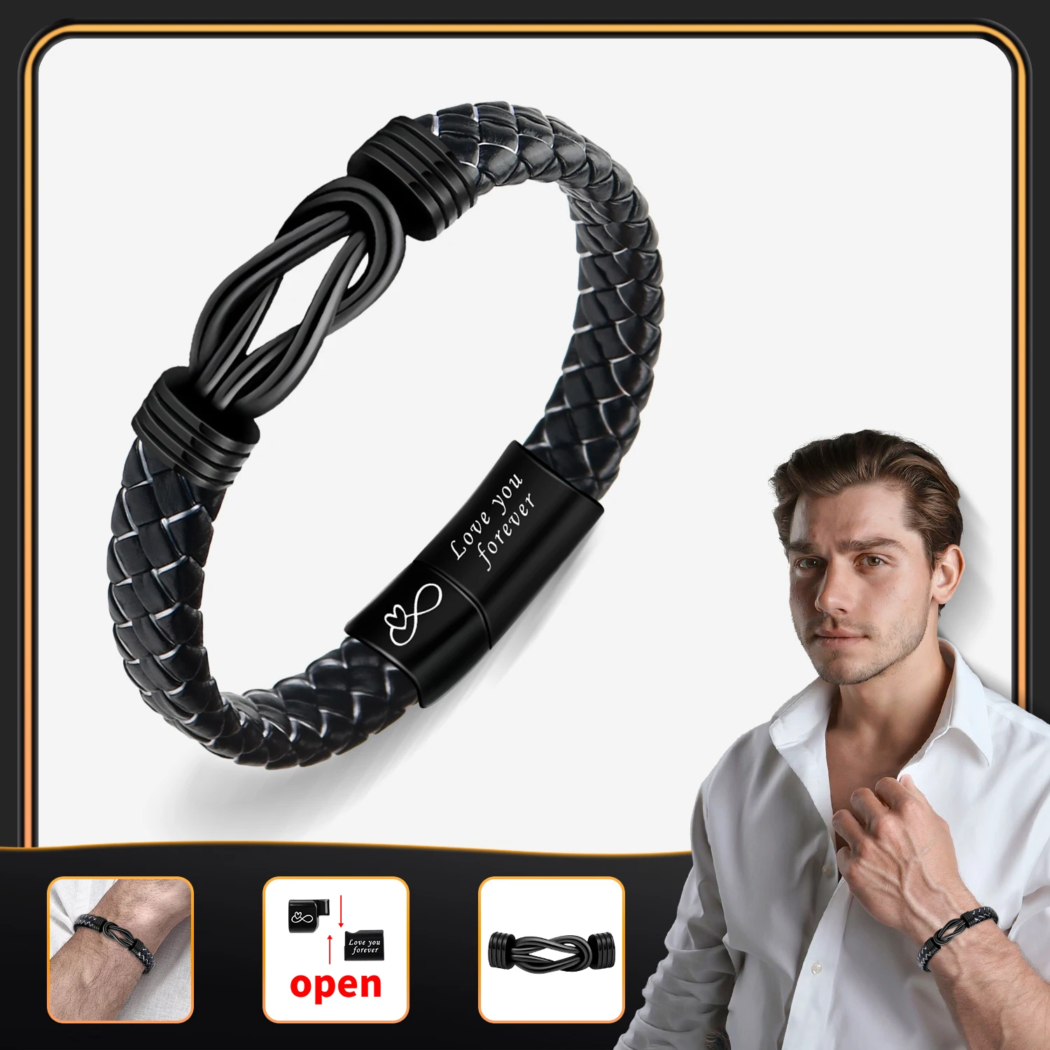 قطعة واحدة من سوار مغناطيسي جلدي مخصص للرجال - هدية منقوشة للزوج/الصديق مع بطاقة #1