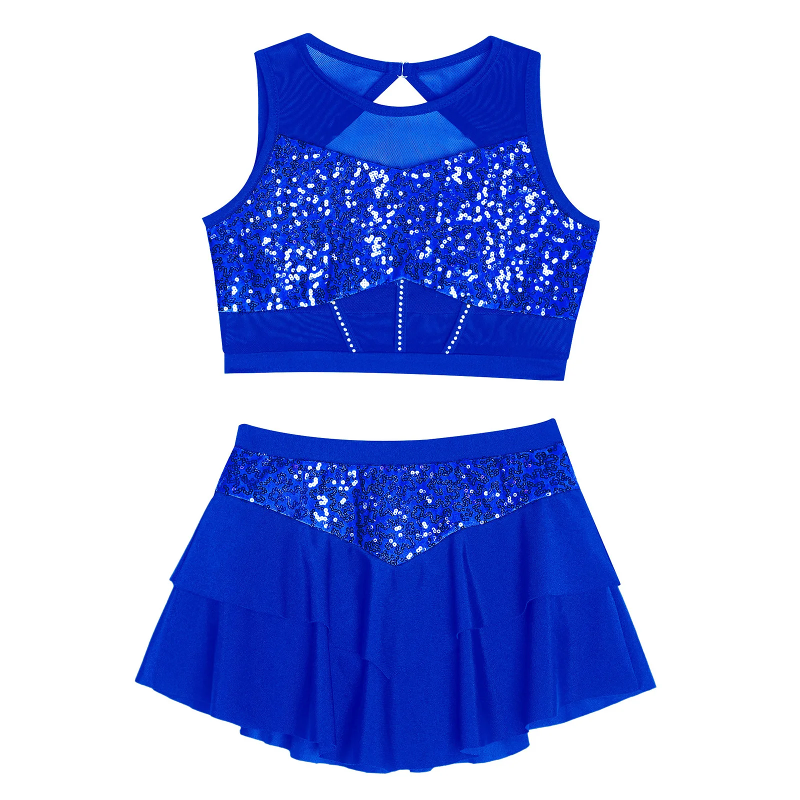 Menina cheerleading dancewear outfit brilhante lantejoulas hip hop jazz dança traje sem mangas colheita superior com saia em camadas conjunto desempenho