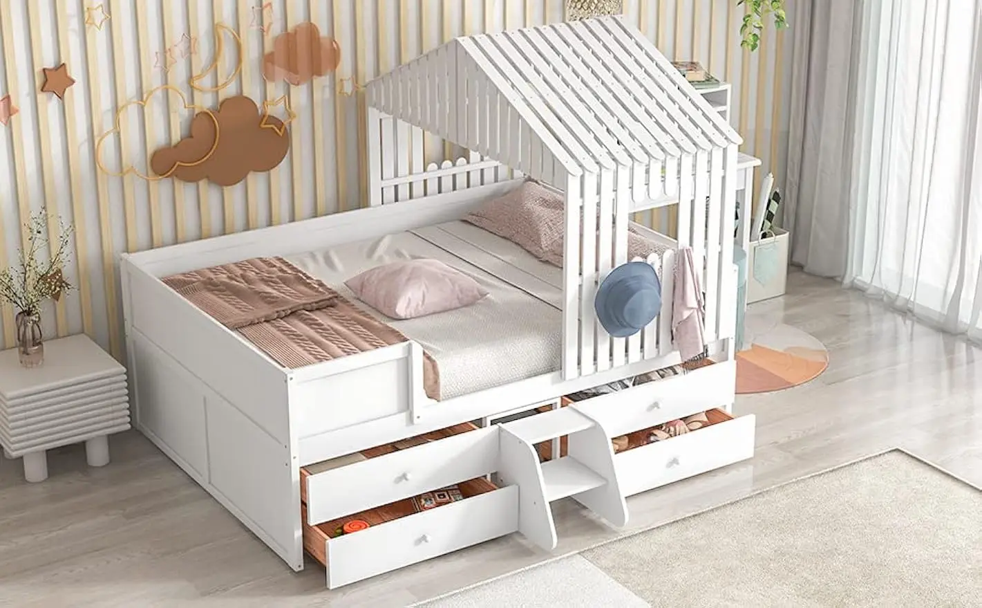 Harper & Bright Designs Full Size House Low Loft Bed Frame with Four Drawers for Kids,White