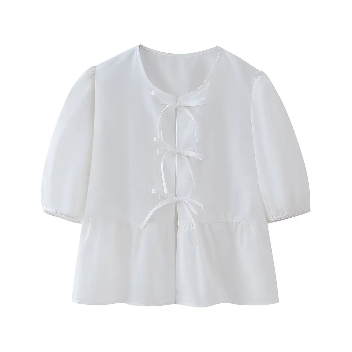 

Women White Blouse Shirt Summer Vacation Short Puff Sleeve Lace-up Top Wear