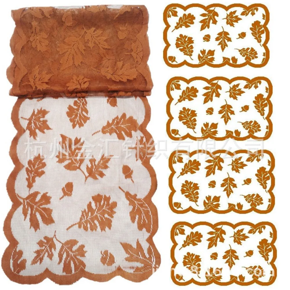 Golden Maple Leaf Knitted Lace Table Runner Harvest Thanksgiving Rectangular Table Decor 13x72 Inch for Fall Festival Layout