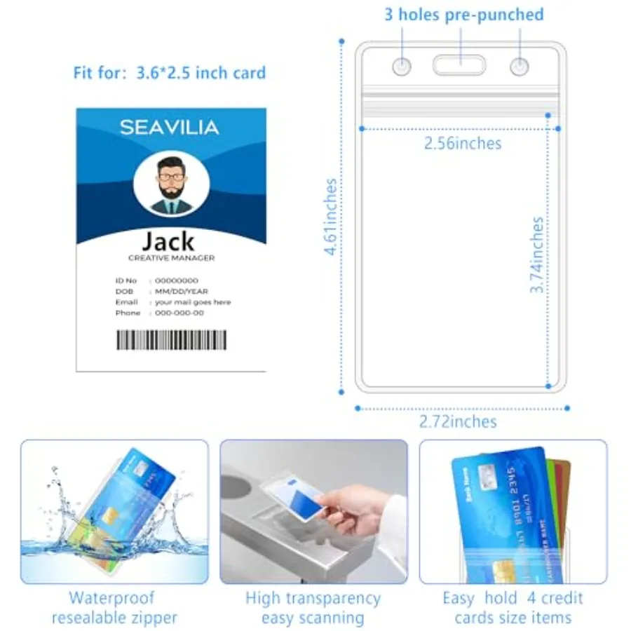 Pack Badge Holder, Clear Waterproof ID Holder with Resealable Zip, 2.5