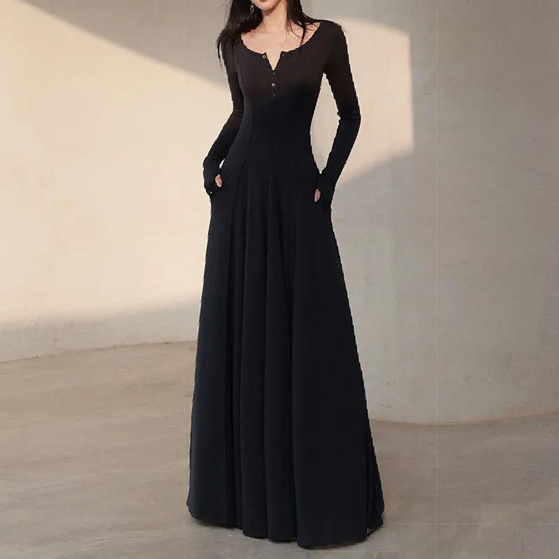 

Knitted Long-sleeved Bottoming Long Dresses Women Autumn Winter Blue High-end Goddess Inner High V-neck Oversized Hem Clothing