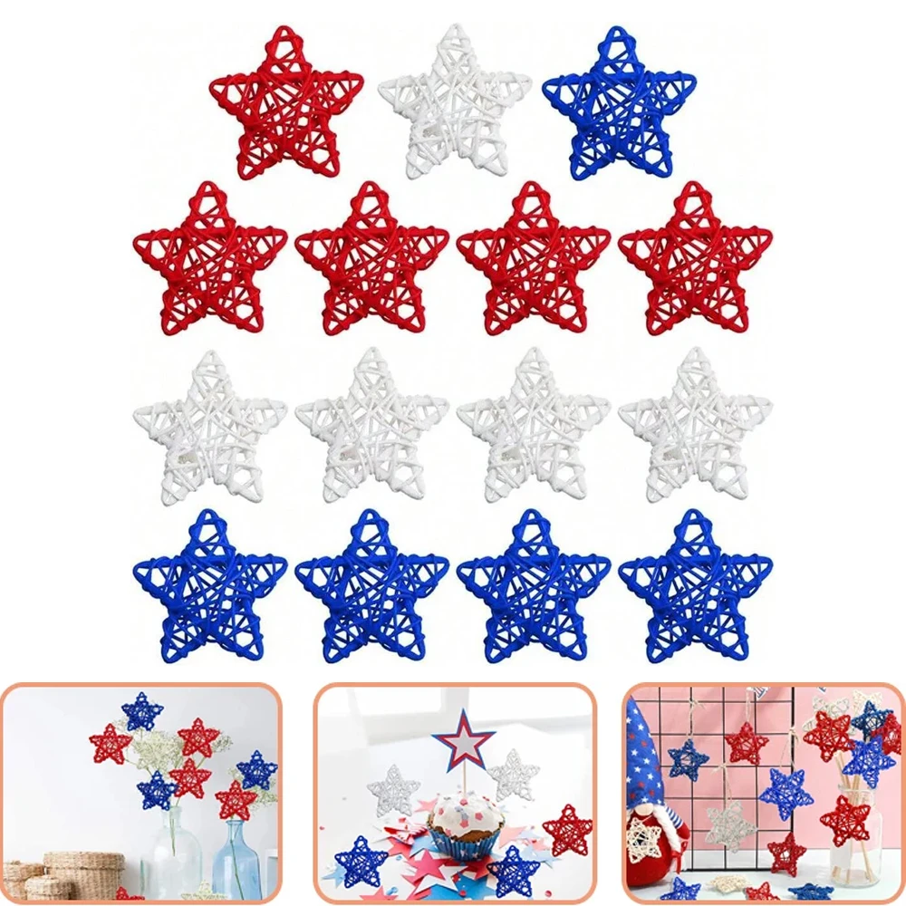 15Pcs 4th of July Star Rattan Balls Decoration Red Blue White Stars Wicker Ball for 2024 USA Independence Day Party Supplies