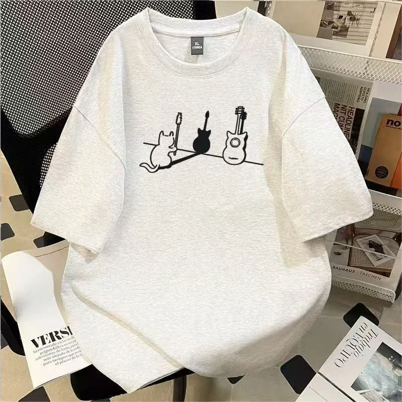 

Футболка À Manches Courtes Imprimé Chat Guitare 100% хлопок Дизайн Américain Pour Hommes Et Femmes Été Ample Et Polyvalent