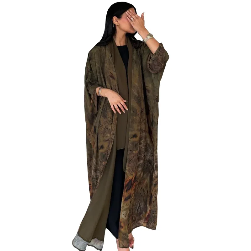 2025 Commercio all'ingrosso Dubai Abaya Caftano Turco Modesto Abaya Donne Abito musulmano Kimono Tie Dye Acquerello Chiffon Stampato Abaya