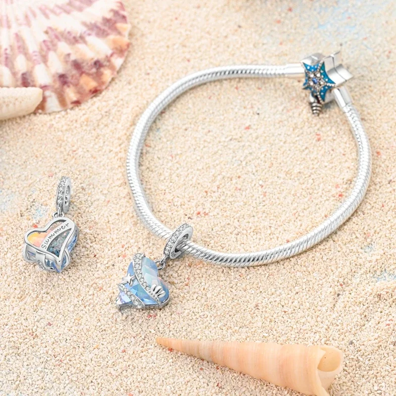 Colgante de plata de ley 925 para mujer, abalorio con forma de corazón y estrella de mar, compatible con pulsera Pandora Original, fabricación de joyas