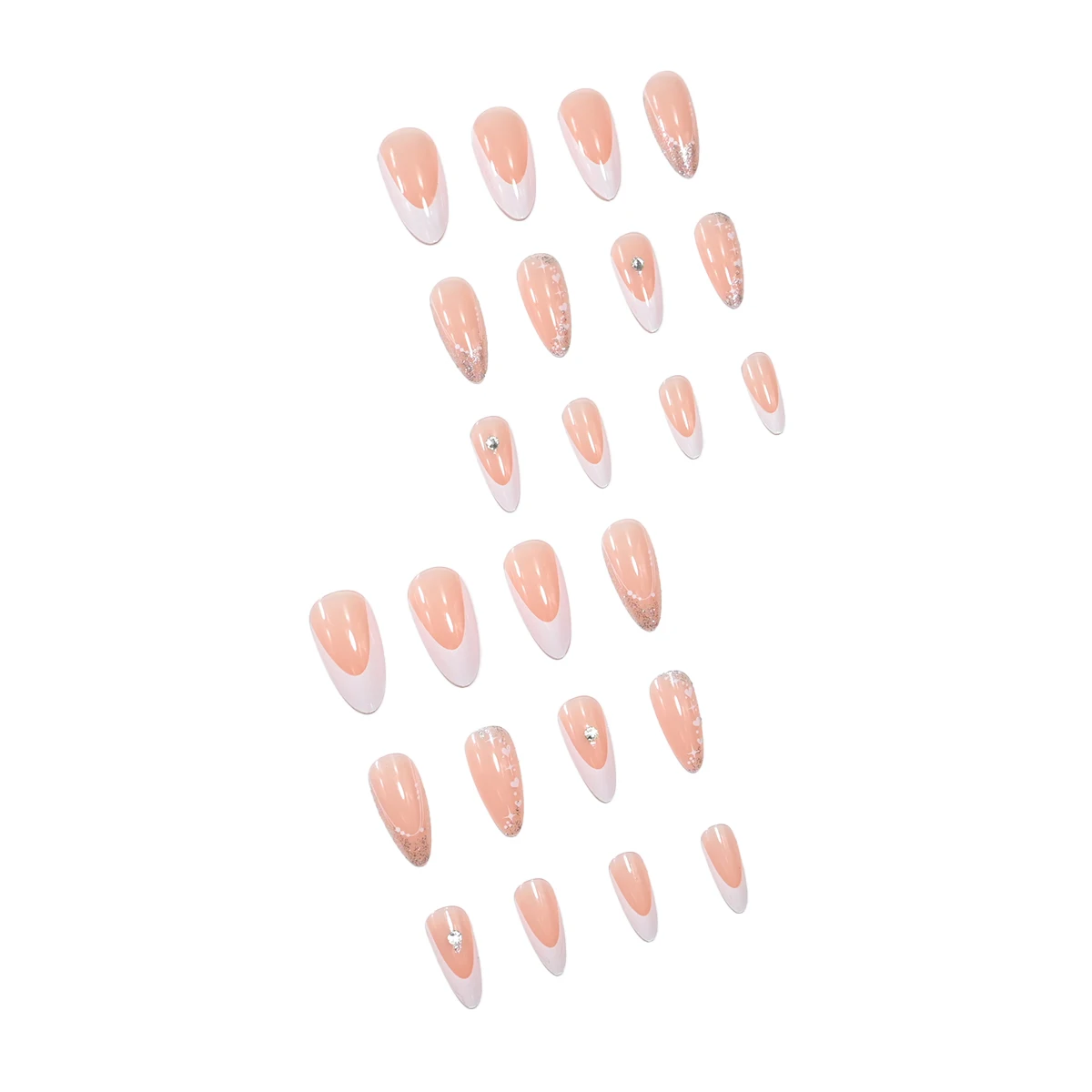 مجموعة كاملة من 24 مسمارًا صناعية طويلة على شكل لوز مع جليتر فرنسي وتصميم ثلاثي الأبعاد من حجر الراين، بما في ذلك 1 جيلي #2