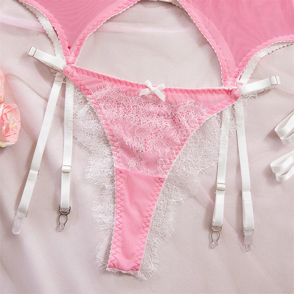 Conjunto de lencería de encaje dulce Krasapt, 4 piezas, sujetadores push-up sexys y bragas, conjuntos de liguero, conjunto delicado estilo hada