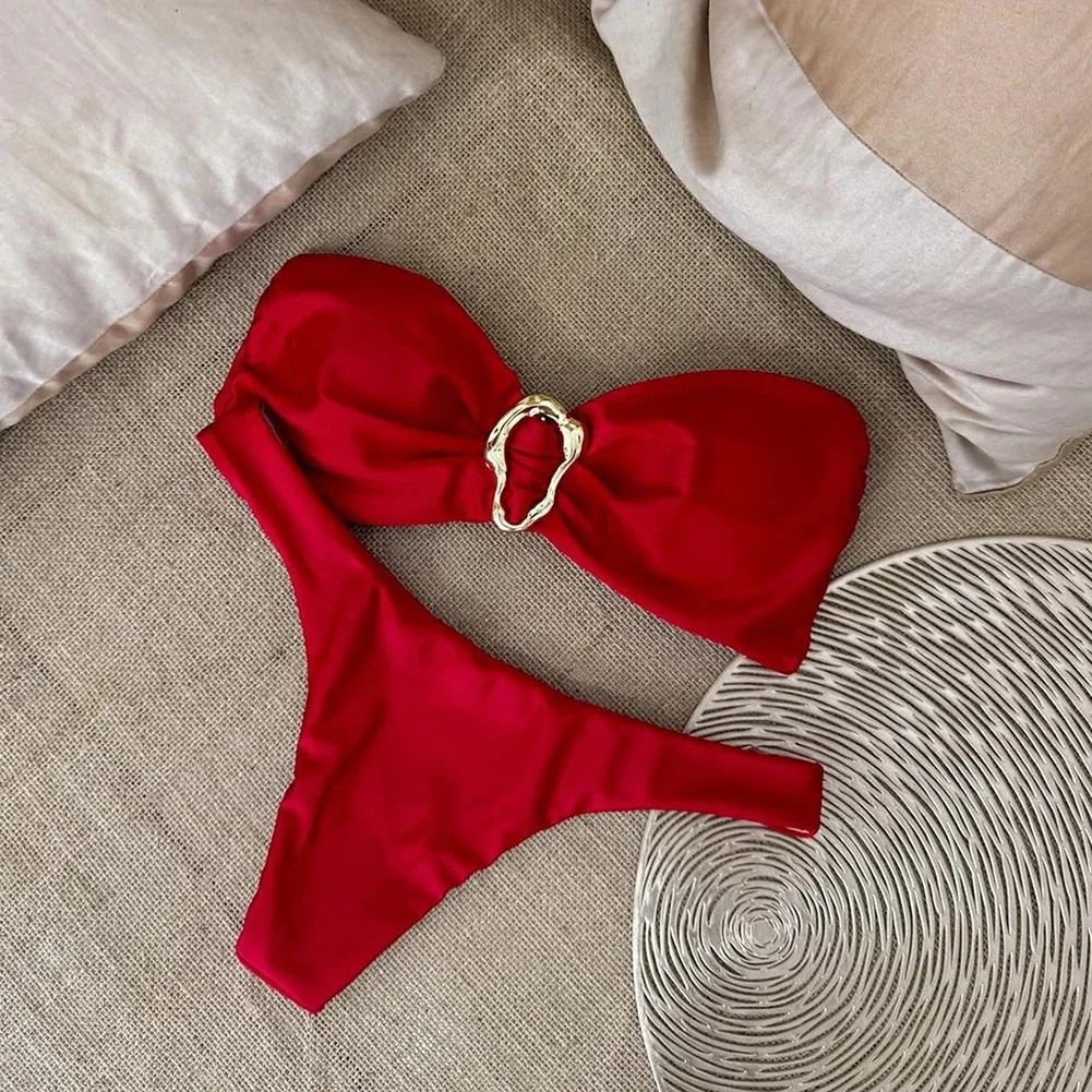 Women's Solid Color Fashionable Lingeries Sexy Hot Casual Metal Japanese Woman Panties Sexy BrasStrapless Bikini Split Swimsuit