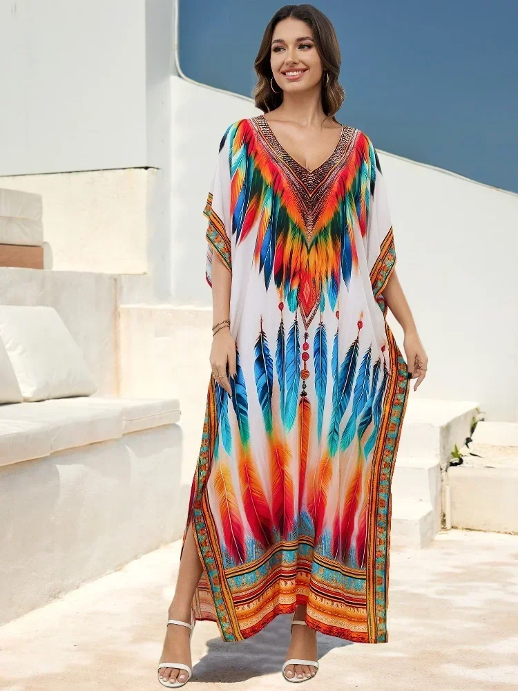 Bohemian Plus Size Women's Kaftan V-neck Long Dress Vibrant Color Swimsuit Cover-up House Robe Outfit Beach Dresses Q1594