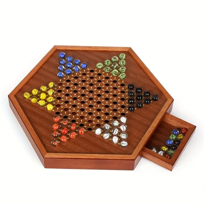 1 Set Of Luxury Large 15 Inch Wooden Hexagonal Chessboard Checkers Tabletop Entertainment Game With 72 Glass Marbles