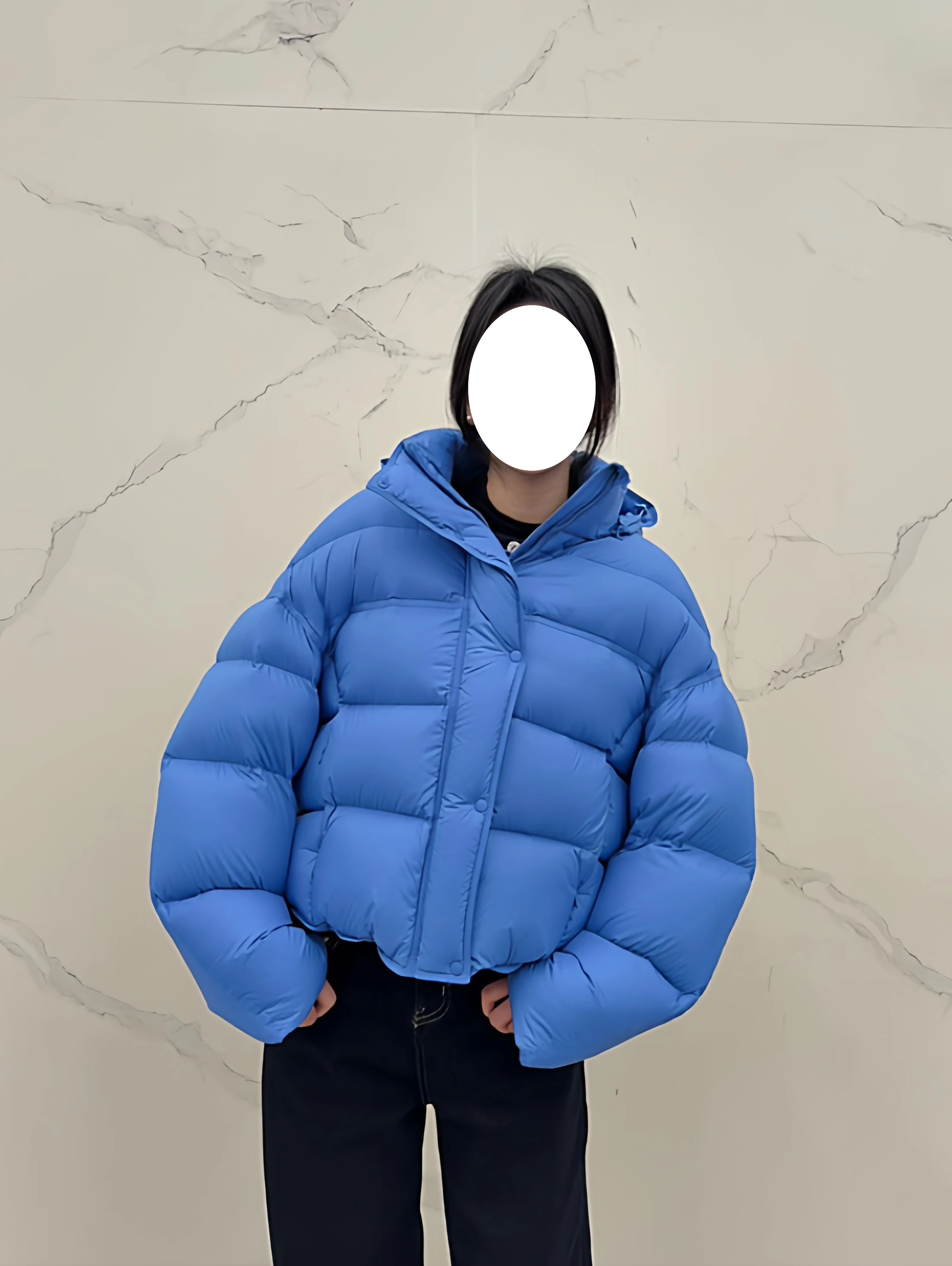 

Blue Hooded Thickened Cotton Jacket Women's Winter Fashion Casual Versatile Warm Coat Korean Style Short Size Zipper Pocket