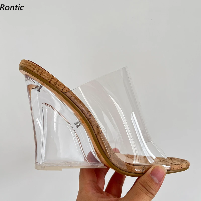 Rontic Handmade Women Summer Mules sandali con zeppa in sughero tacchi alti punta tonda scarpe da festa trasparenti US Plus Size 4-15